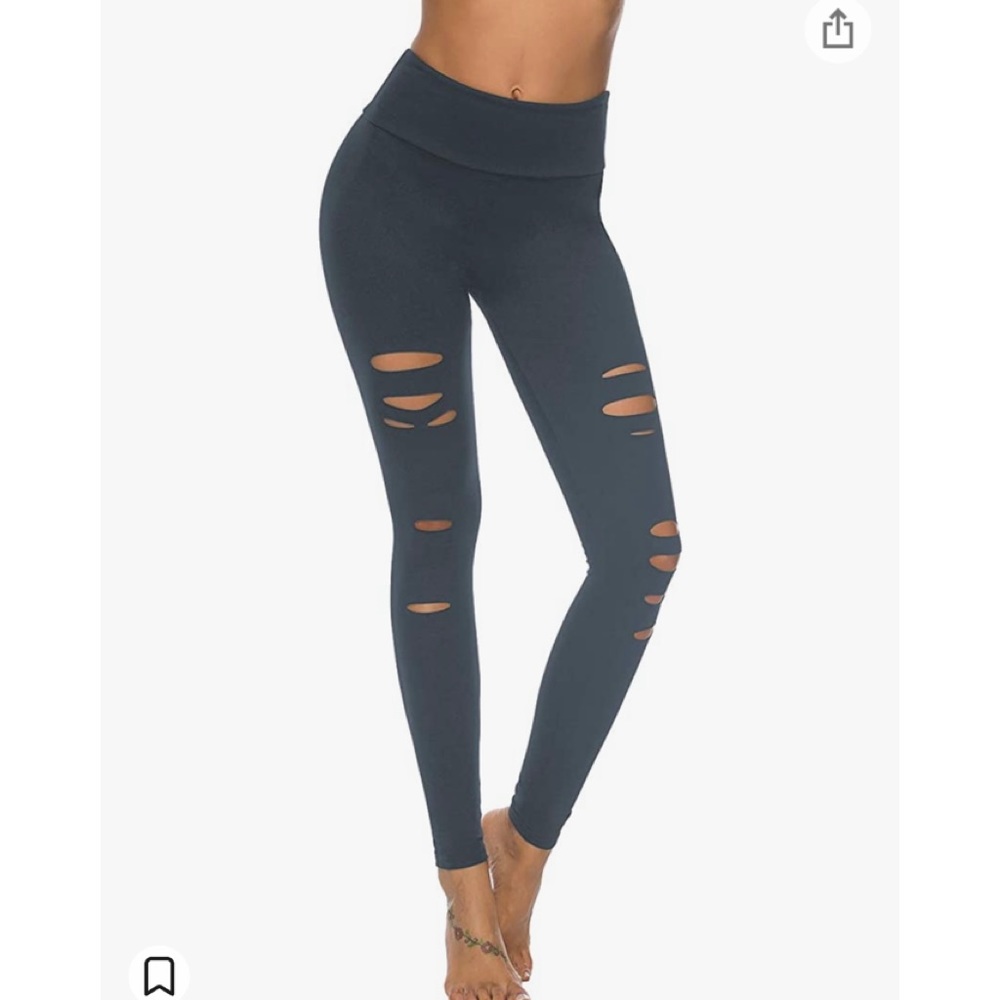 Womens High Waist Yoga Pants Cutout Ripped Tummy Control Workout Running Legging